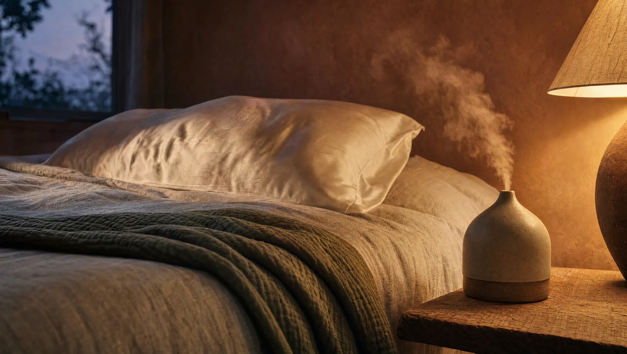 A studio bedside at dusk
