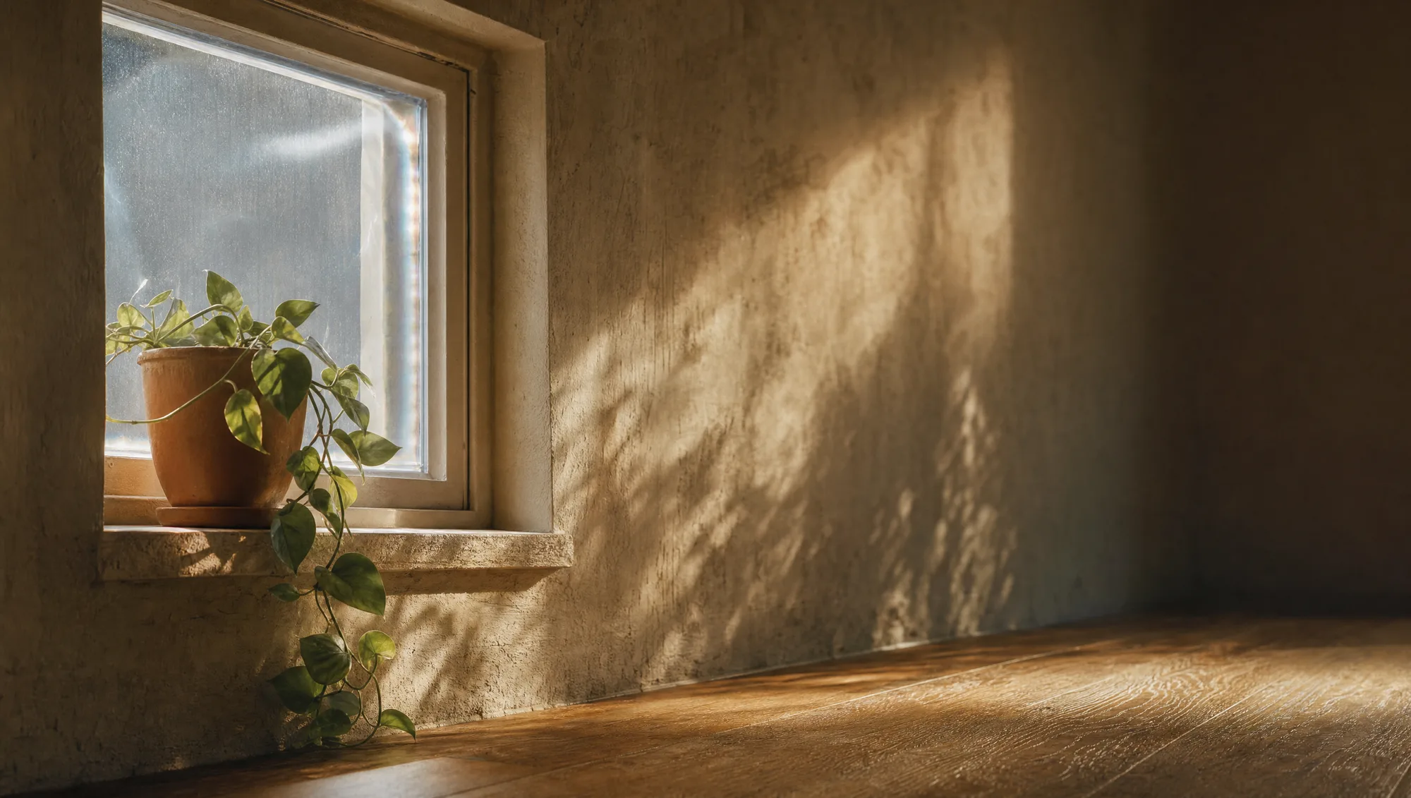 A sealed apartment window in morning light